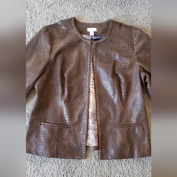 Chico's Croc Embossed Studded Beaded Reptile Faux Leather Bomber Jacket Size 12 - Picture 2 of 10